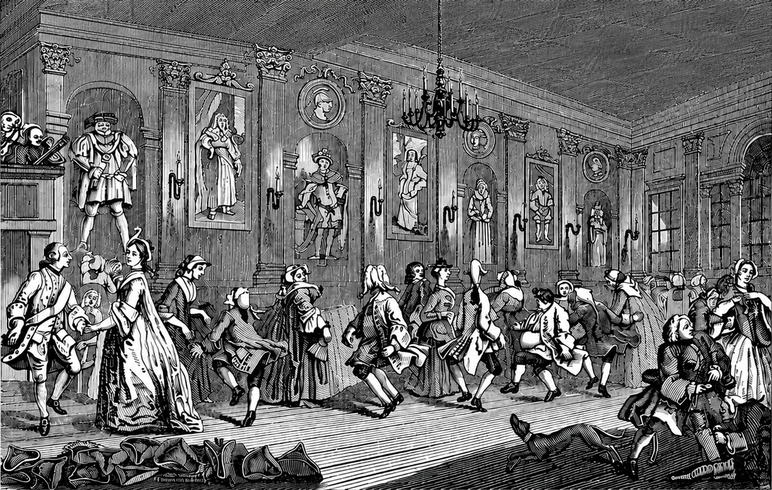 Early 1700s dancing couple and dancing master.
Plate published in Vetusta Monumenta, Society of Antiquaries of London (18th century).
Reproduced from public-domain source.*